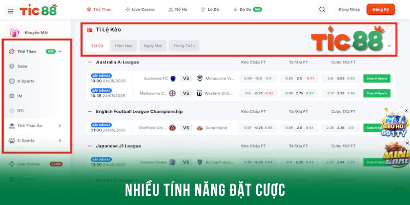 Nhiều tính năng hỗ trợ đặt cược thể thao Tic88
